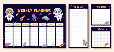 Weekly planner. Set with space elements and animals astronauts. vector