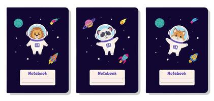 Space animals. Cover design for notebooks with space elements and animals astronauts lion, fox, panda. vector