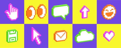 Set of 3d pixel art icons of emoji, arrow, cloud, eye, heart, email. Pack of pixelated emoji icons. 8-bit retro illustration of emoticons. vector