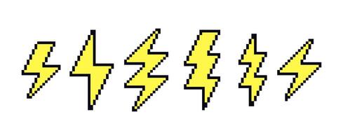 Set of lightning bolt, thunder, electric or weather icon in pixel art style. 3d retro illustration. vector