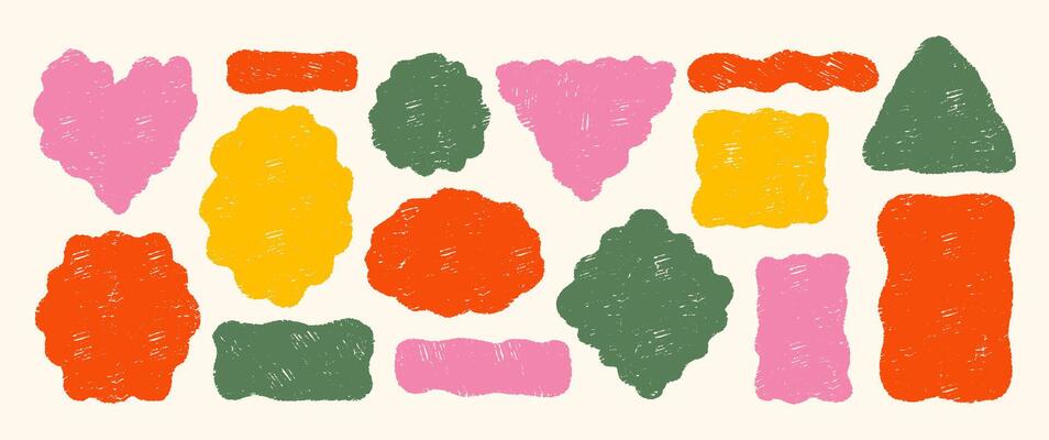Blank speech bubbles. Organic wavy rectangles shapes with crayon, pastel or chalk texture. Colorful hand drawn illustration.