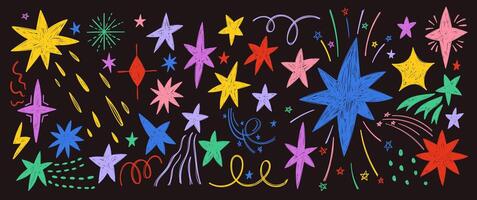 Doodle set of star glitter shine with blink, spark and twinkle. Hand drawn colorful illustration on a black background. vector