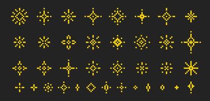 Set of pixel star, sparkle, glitter with twinkle effect. Pixel art illustration. vector