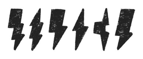 Set of lightning bolts with charcoal, pastel or crayon texture. Grunge doodle illustration. vector