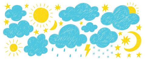 Set of hand drawn clouds, moon and sun with crayon or pencil texture. Colorfull doodle illustration on a white background. vector
