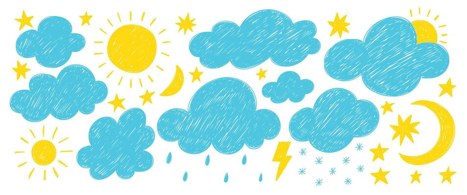 Set of hand drawn clouds, moon and sun with crayon or pencil texture. Colorfull doodle illustration on a white background.