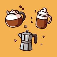 Coffee Pot and Mug Icon Set with Whimsical Design Elements vector