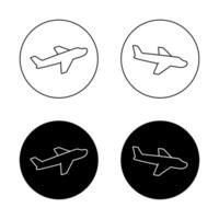 Departure and arrival airplane outline icon on black circle vector