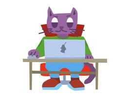 purple serious cat sits computer on chair vector