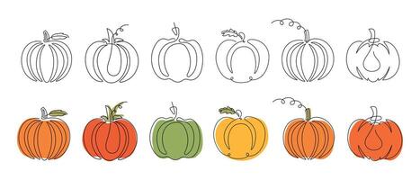 Set of line art pumpkins drawn with single continuous line isolated on white background, featuring black and color versions. Concept of minimalism, autumn harvest, Halloween decoration, Thanksgiving vector
