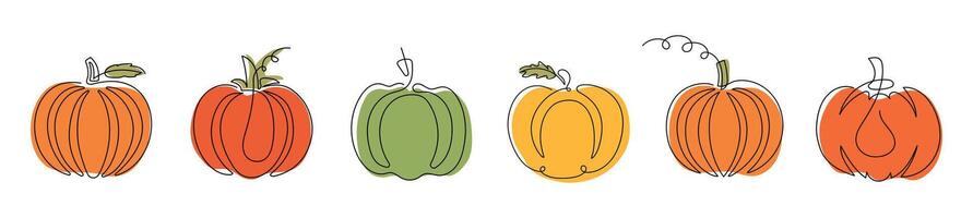 Set of colorful line art pumpkins drawn with single continuous line isolated on white background. Concept of minimalism, autumn harvest, Halloween decoration, Thanksgiving symbol, simple botanical art vector