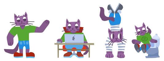 funny purple cat characters in different situation vector