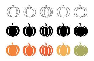 Pumpkin icon set with diverse styles in outline, silhouette, and colored variations. Isolated on white background. Concept of autumn harvest, Thanksgiving, Halloween decoration, seasonal design vector