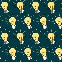 Seamless Pattern of Glowing Light Bulbs on Dark Green Background. Concept of Innovation, Bright Ideas, Creativity, Electrical Design. Art, Decoration, graphic design, inspiration symbol. Background vector