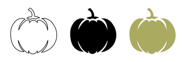 Set of three pumpkin silhouettes in different styles, outline, solid black, and solid green isolated on white background. Concept of autumn, Halloween, harvest season, Thanksgiving, minimalist design vector