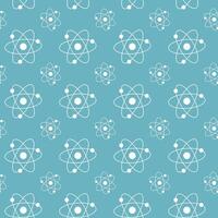 Seamless White Atom Pattern on Light Blue Background. Concept of Science Illustration, Atomic Structure, Chemistry, Physics. Educational Design Element, Scientific Wallpaper, Wrapping paper, Print vector