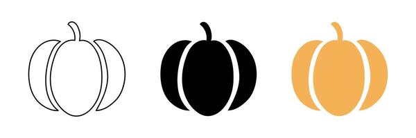 Set of three pumpkin silhouettes in different styles, outline, solid black, and solid yellow isolated on white background. Concept of autumn, Halloween, harvest season, Thanksgiving, minimalist design vector