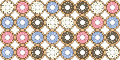 Pattern with donuts of different flavors and toppings. Wallpaper vector