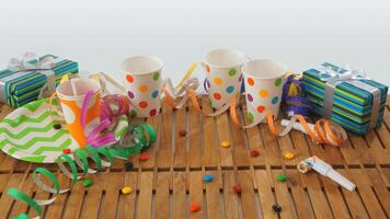 Rustic wooden table with colorful streamers, gifts, plastic cups, plastic plate, candies on white background. Party background photo