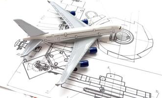 Top view background image of blueprints and plans on engineers workplace in office, copy space photo