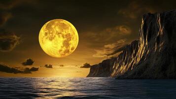 A full moon rising over the ocean at sunset photo