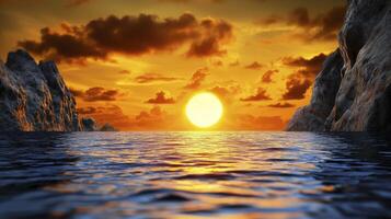 A breathtaking sunset over a tranquil ocean, with a dramatic rocky outcrop jutting into the water. photo