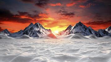A snowy landscape with mountains in the background photo