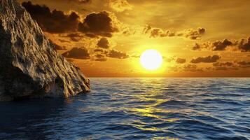 A breathtaking sunset over a calm sea with a dramatic rocky outcrop. photo