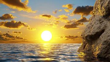 A breathtaking sunset over a calm ocean, with dramatic cliffs rising from the water. photo