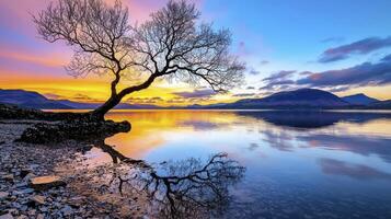 A breathtaking sunset over a tranquil Scottish loch, featuring a dramatic, silhouetted tree reflected perfectly in the calm water. photo