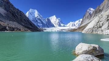 A lake surrounded by mountains and a glacier photo