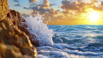 The sun is setting over the ocean and waves photo