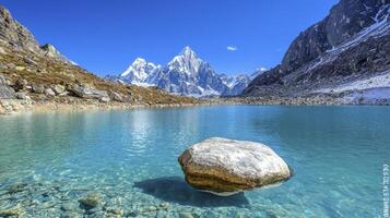 A large rock in the middle of a lake photo