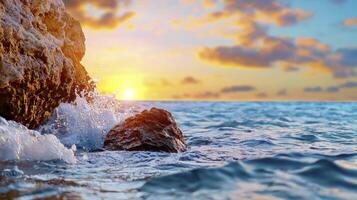 A rock in the ocean with waves crashing against it photo