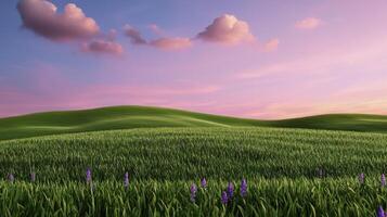 A beautiful sunset over a green field with purple flowers photo