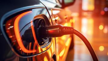 Electric car charging macro shot. Bright orange tint. Copy space. Photo for banner.