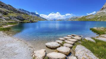 A breathtaking view of a crystal-clear alpine lake nestled amongst majestic mountains. photo