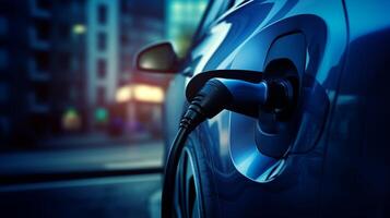 Electric car charging macro photography. On the background of a house in blur. Copy space. photo