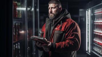 A man in a red uniform works in a food warehouse. Copy space. Horizontal format. photo