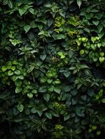 Texture background. Stone wall covered with plants and leaves. Green wallpaper on the wall. Vertical format. photo