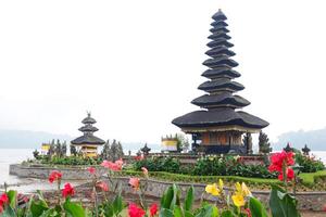 Pura Ulun Danu Bratan temple is landmark of Bali for use in Buddhist and Hindu religious ceremony located in lake and mountain on Bali island of Indonesia. Travel destination for culture of Asian photo