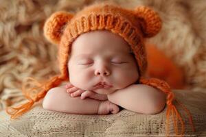 Sweet newborn baby wearing a bow headband, smiling softly in their sleep photo