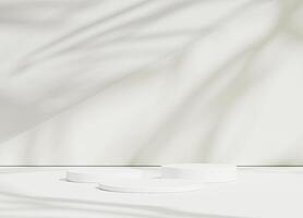 Abstract white room with realistic white cylinder pedestal podium set and leaf shadow overlay. Minimal scene for product display presentation. geometric platform stage for showcase photo