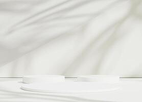 Abstract white room with realistic white cylinder pedestal podium set and leaf shadow overlay. Minimal scene for product display presentation. geometric platform stage for showcase photo