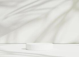 Abstract white room with realistic white cylinder pedestal podium set and leaf shadow overlay. Minimal scene for product display presentation. geometric platform stage for showcase photo
