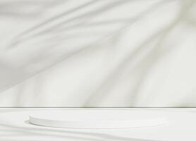 Abstract white room with realistic white cylinder pedestal podium set and leaf shadow overlay. Minimal scene for product display presentation. geometric platform stage for showcase photo