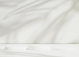 Abstract white room with realistic white cylinder pedestal podium set and leaf shadow overlay. Minimal scene for product display presentation. geometric platform stage for showcase photo
