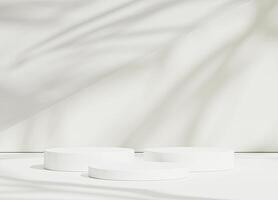 Abstract white room with realistic white cylinder pedestal podium set and leaf shadow overlay. Minimal scene for product display presentation. geometric platform stage for showcase photo