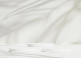 Abstract white room with realistic white cylinder pedestal podium set and leaf shadow overlay. Minimal scene for product display presentation. geometric platform stage for showcase photo