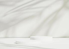 Abstract white room with realistic white cylinder pedestal podium set and leaf shadow overlay. Minimal scene for product display presentation. geometric platform stage for showcase photo